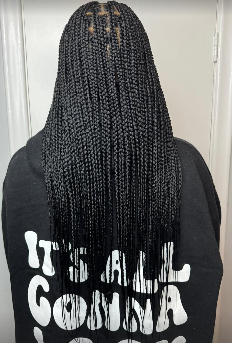 Box braids with warm color blend.