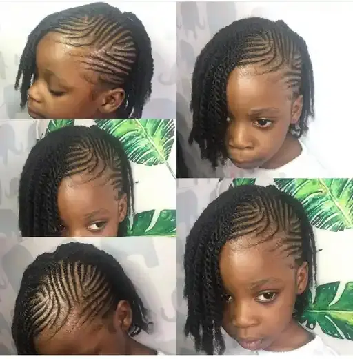 Natural cornrows with twists and clean sectioning.