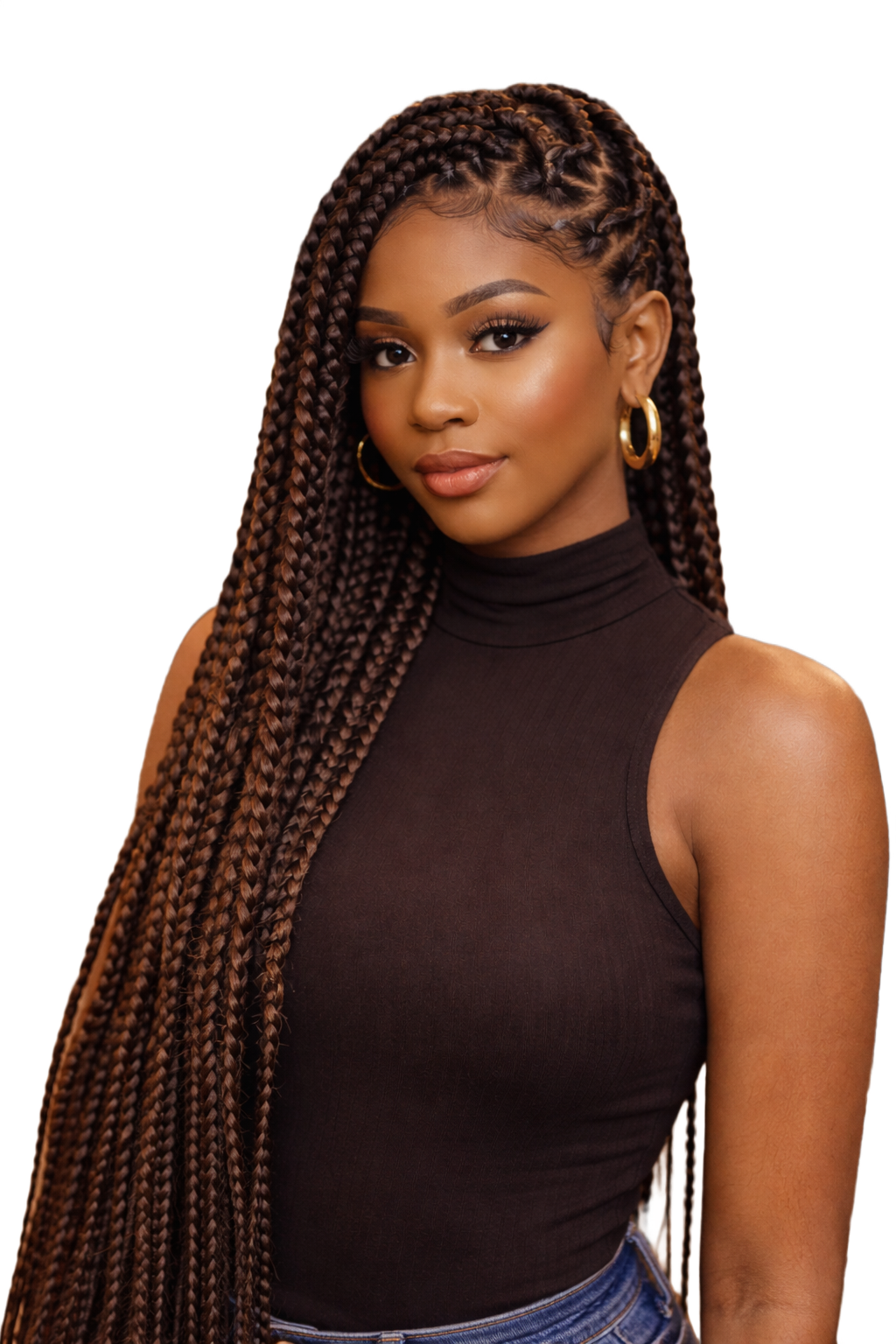 Woman with long braided hairstyle for Braids By Rukky salon